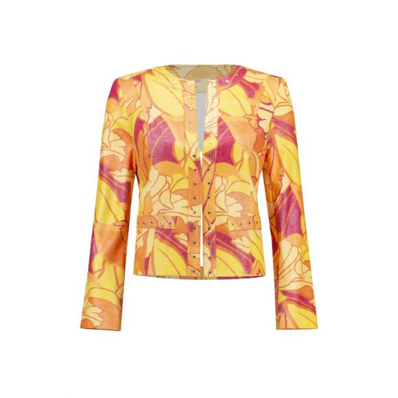 NEW JOSEPH RIBKOFF tropical print faux leather jacket in pink/multi - Picture 3 of 3